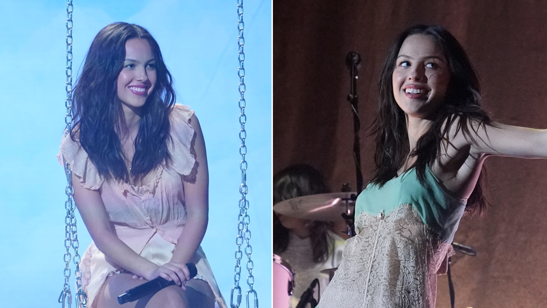 Olivia Rodrigo wearing a babydoll vintage dress on Saturday Night Live and performing Drop Dead