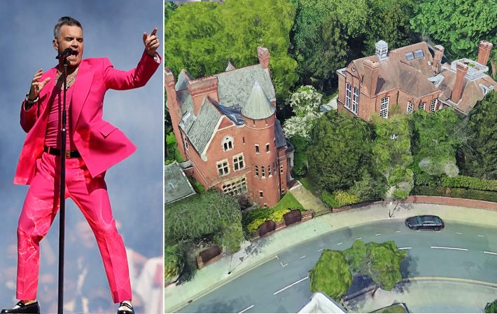 Robbie Williams singing in a pink suit beside a shot of his and Jimmy Page&#039;s homes in London