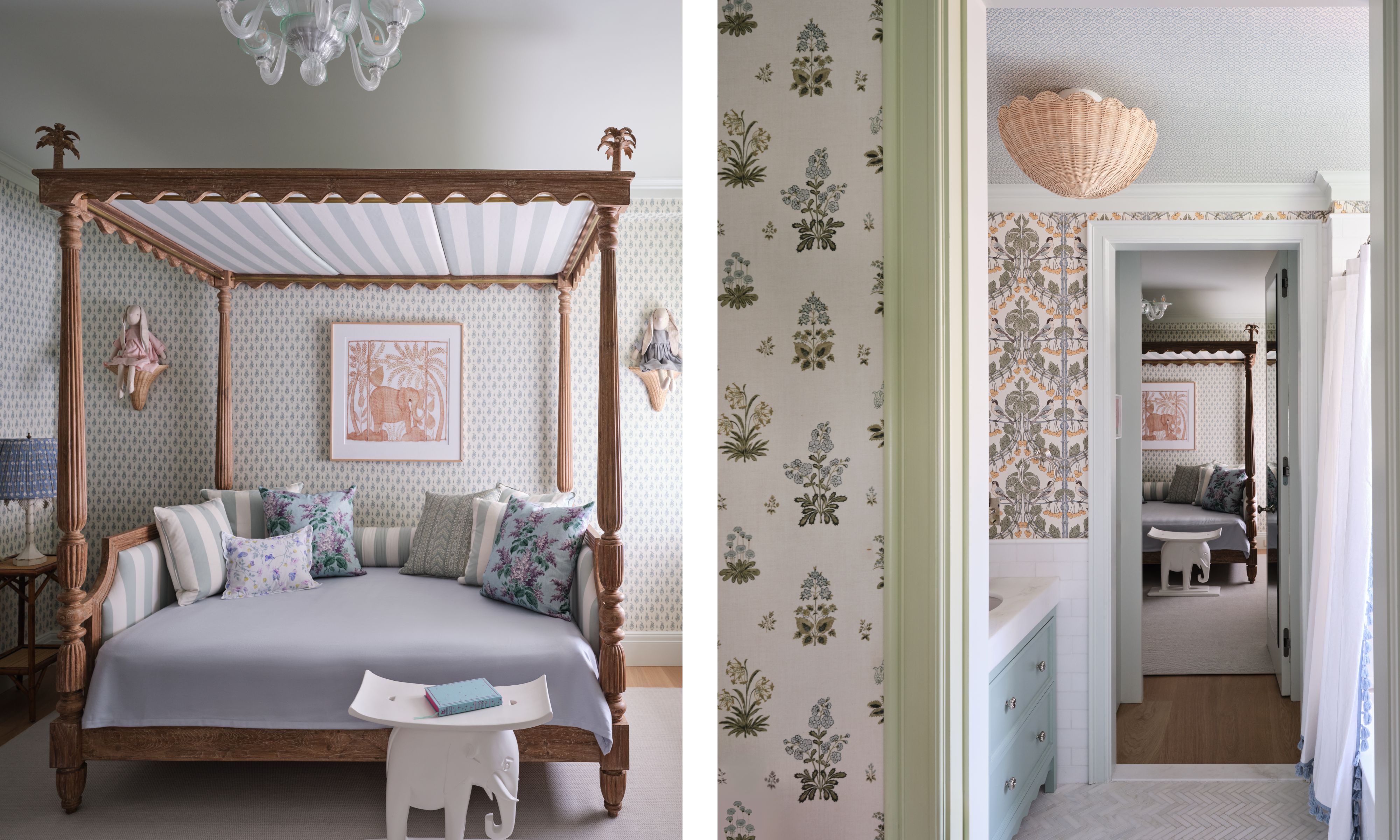two side by side images of a kids bedroom with an antique day bed and a jack and jill bathroom with printed wallpaper and light blue vanity