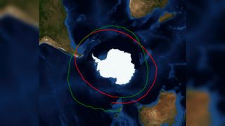 Colored lines marking the balloons trajectory circle Antarctica on a map