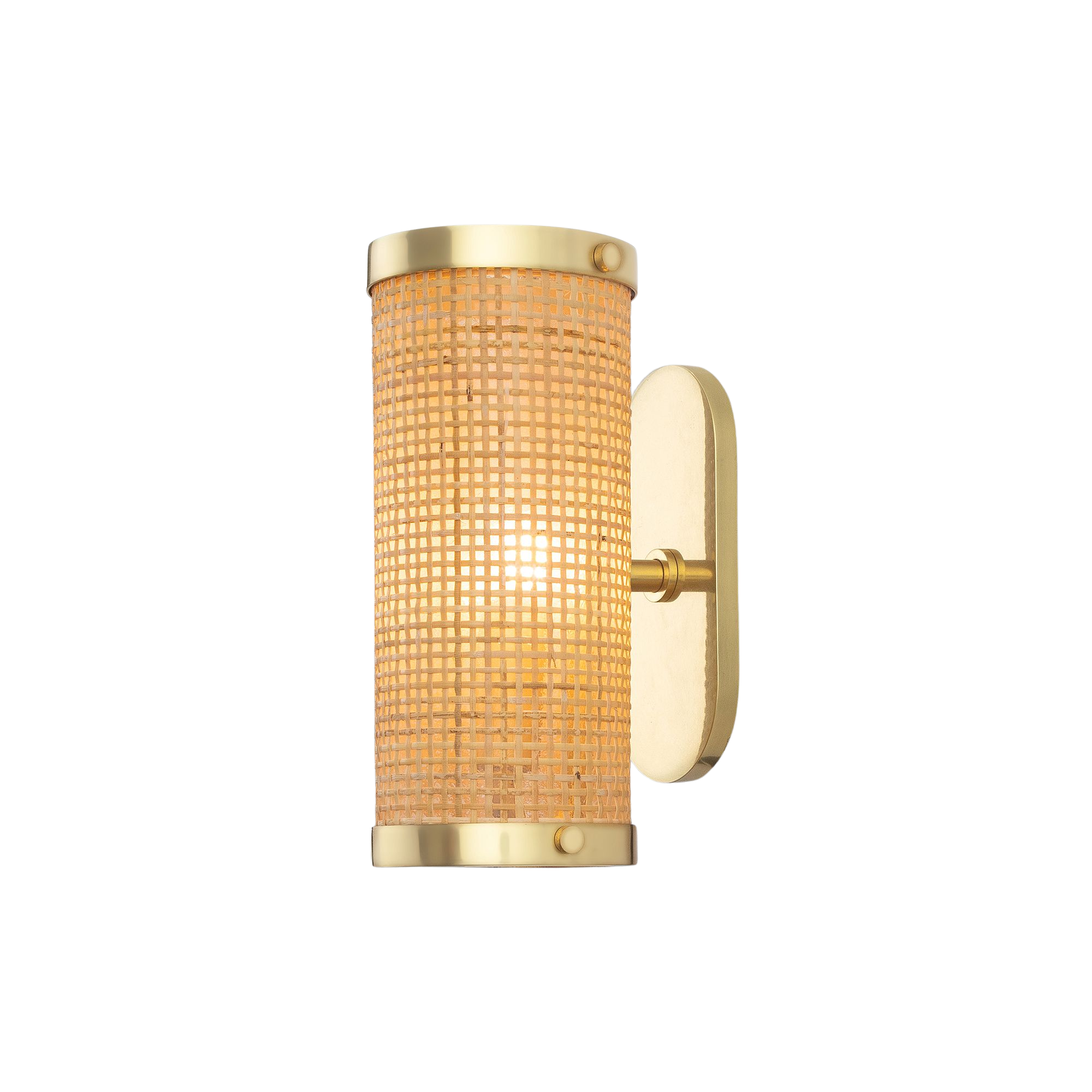 a wall sconce with a rattan shade