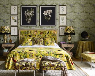Yellow and green maximalist bedroom scheme with printed wallpaper and floral bedding by Mindthegap