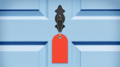 Illustration of a front door with the knocker replaced with a sale tag