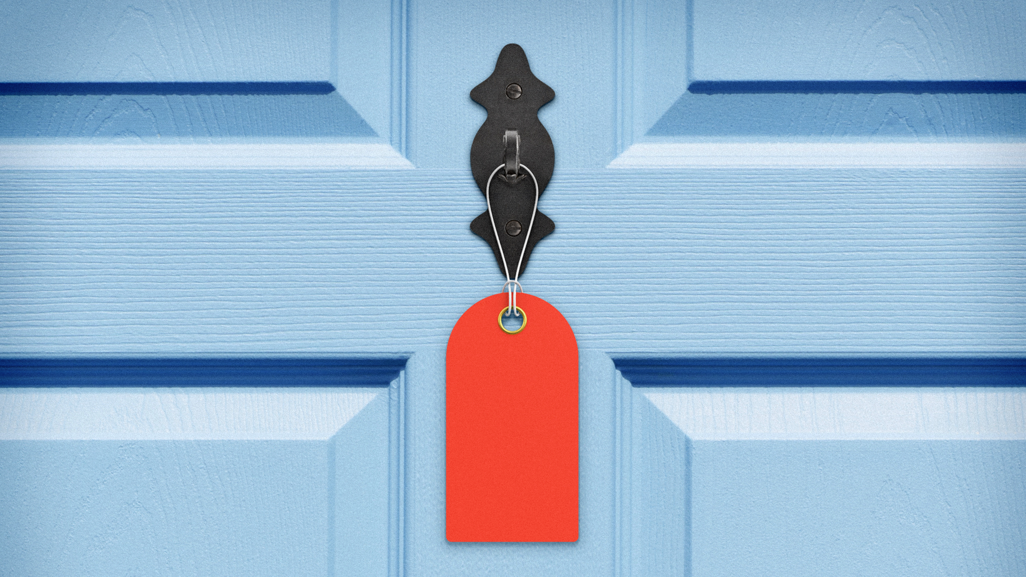 Illustration of a front door with the knocker replaced with a sale tag