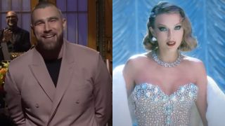 Travis Kelce on Saturday Night Live and Taylor Swift in Bejeweled music video.
