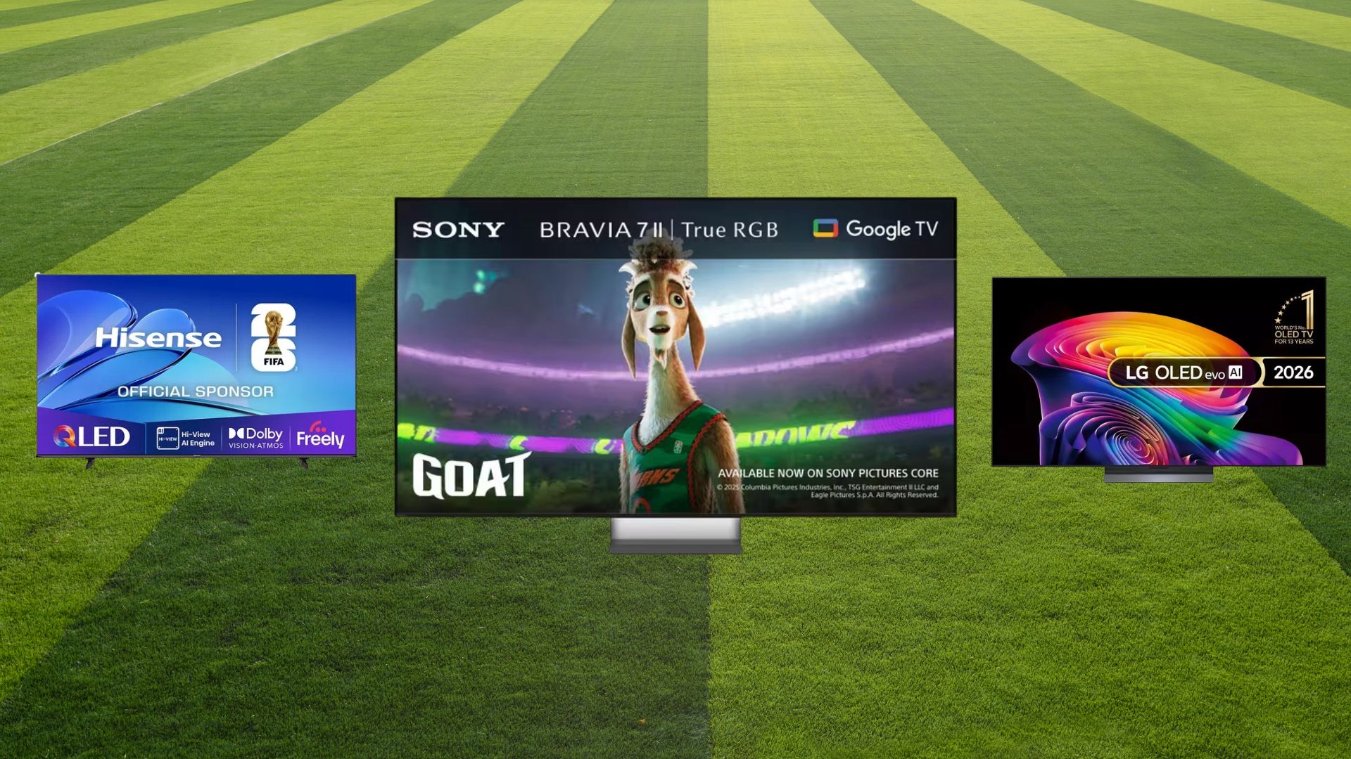 Three TVs on a football pitch 