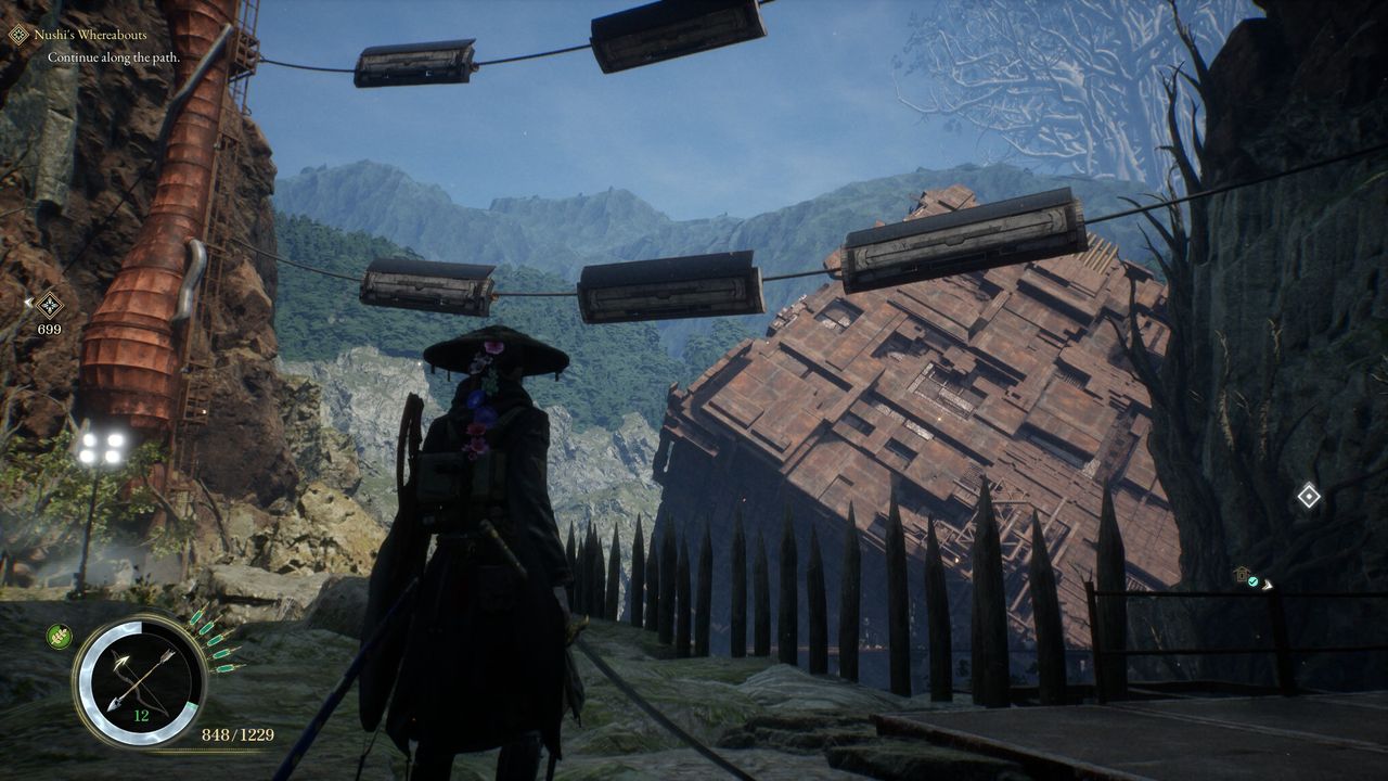 A woman stands in a strange, ruined environment