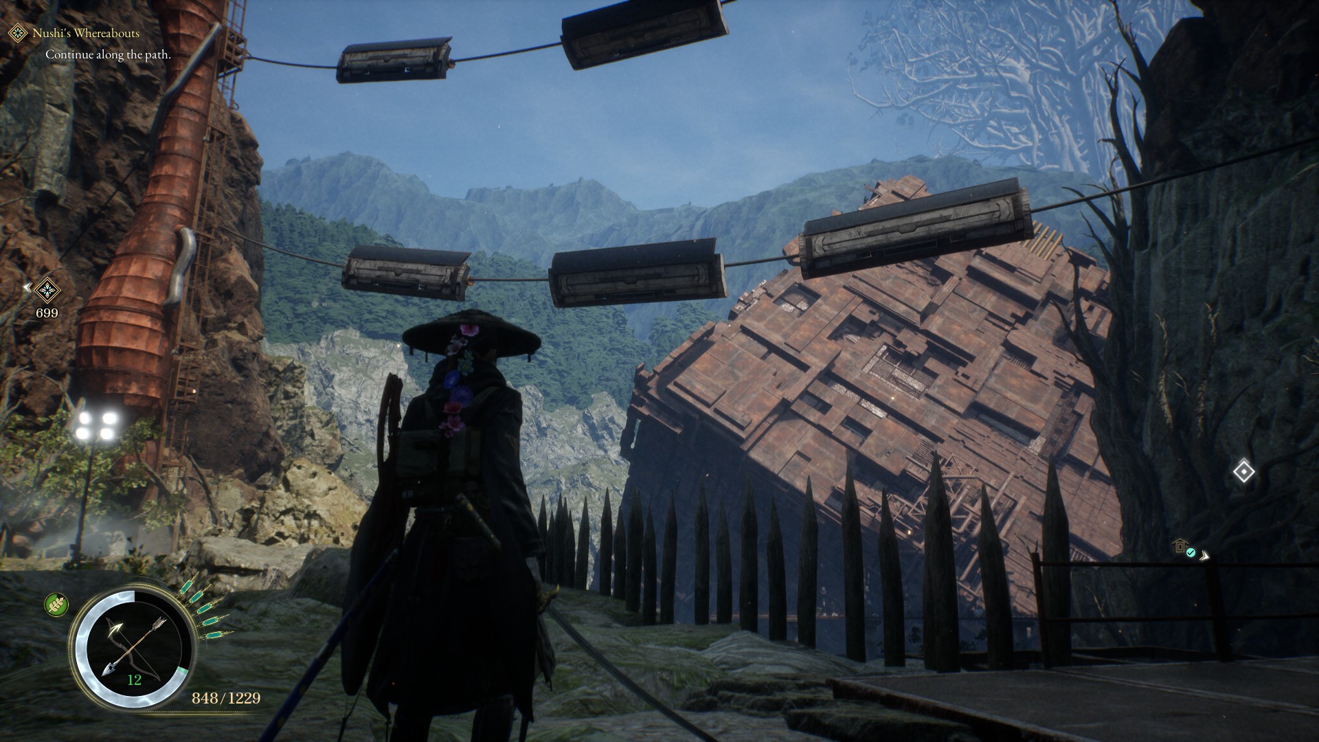 A woman stands in a strange, ruined environment