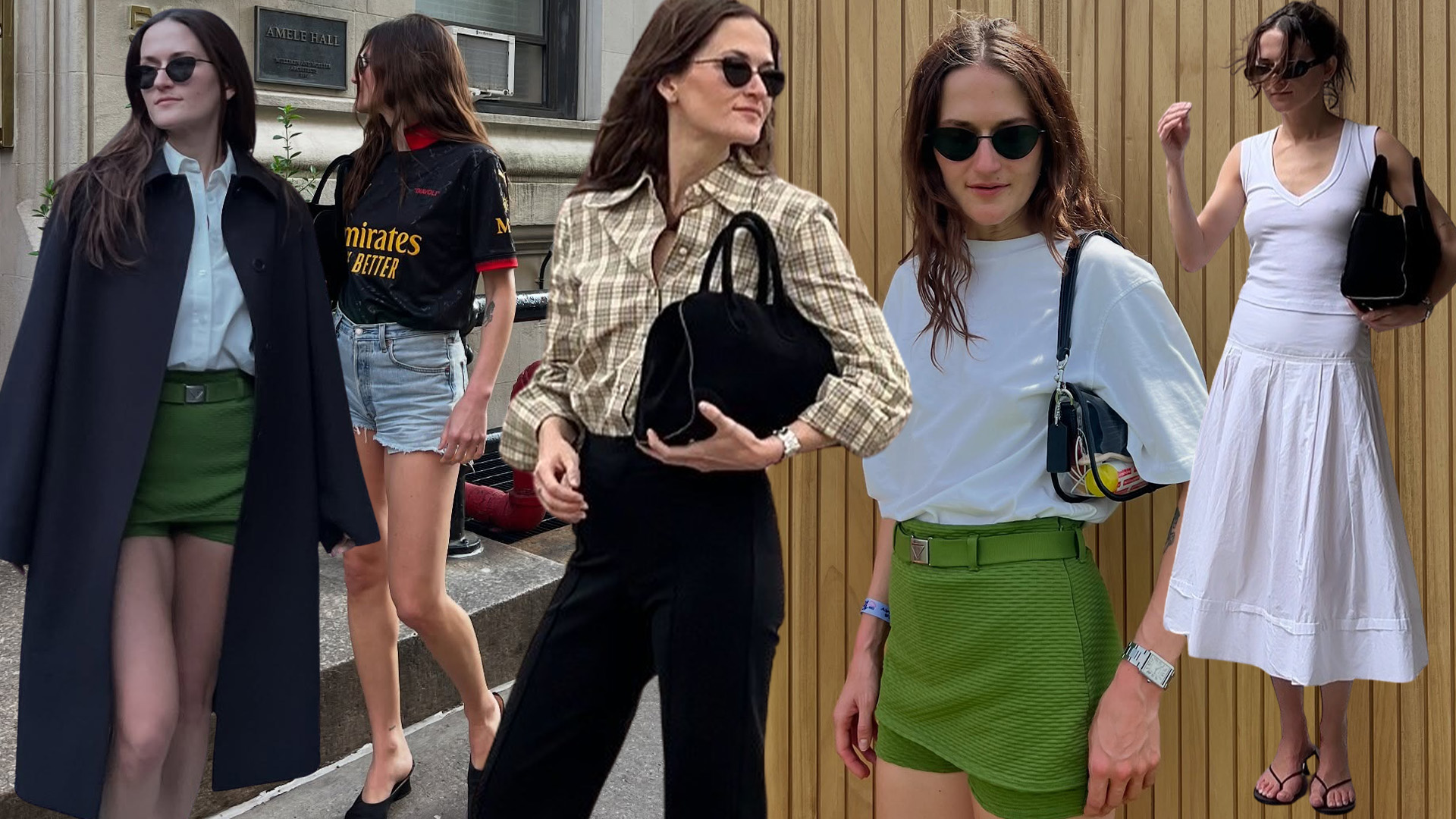 Eliza Huber wearing basics in different outfits, including tank tops, button-down shirts, jean shorts, trousers, and more.
