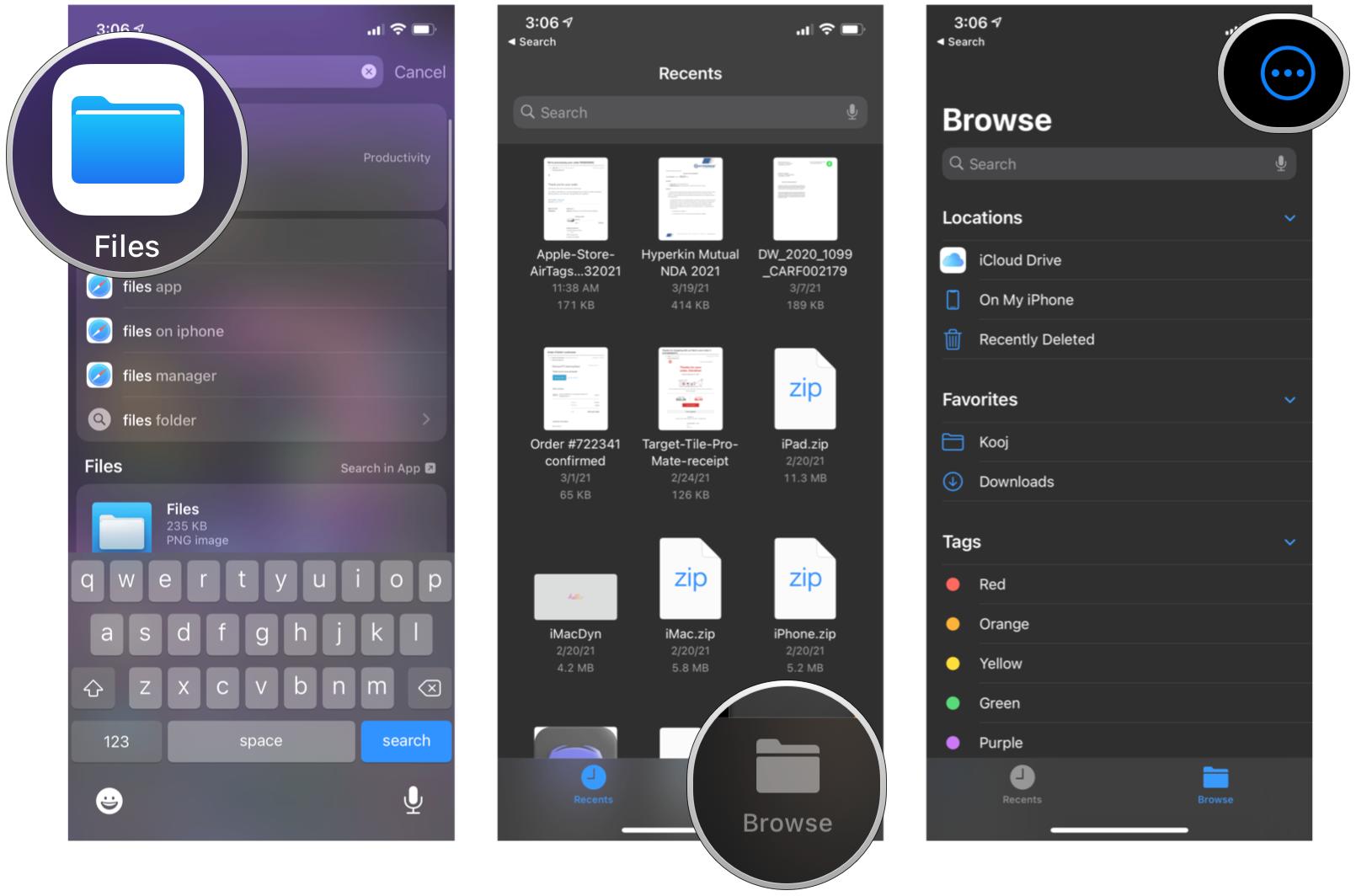 How to add a third-party syncing service to the Files app on iPhone by showing: Launch Files, tap Browse, tap the ... button