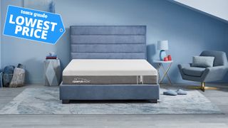 Tempur mattress on a bed with 'lowest price' flag overlaid
