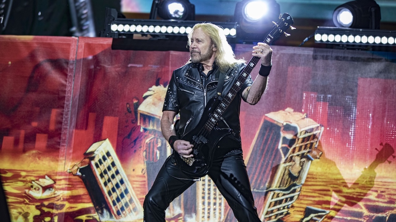 Ian Hill of Judas Priest performs on stage at North Island Credit Union Amphitheatre on October 18, 2025 in Chula Vista, California.