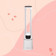 Russell Hobbs RHBLDL12 Bladeless Tower Fan on a pink background
