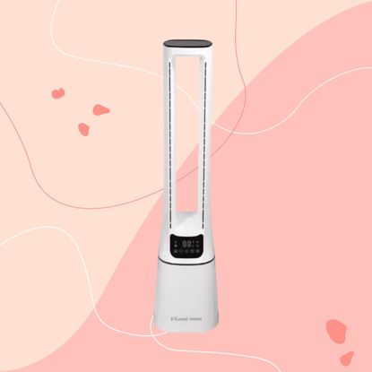 Russell Hobbs RHBLDL12 Bladeless Tower Fan on a pink background