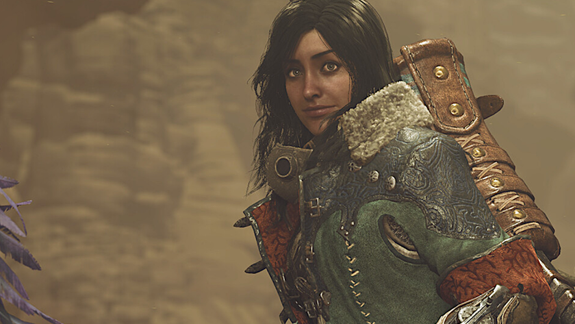 A judgemental monster hunter stares, wide-eyed, towards the camera while riding a steed in a rocky, arid canyon.