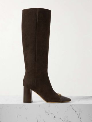 Sibilla Embellished Croc-Effect Leather-Trimmed Suede Knee Boots