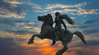 A sculpture of Alexander the Great riding his horse Bucephalus in Thessaloniki, a port city in Greece.