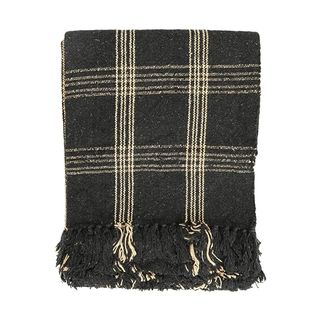 Creative Co-Op Plaid Black & Tan Fringed Woven Cotton Blend Throw 60 Inch X50