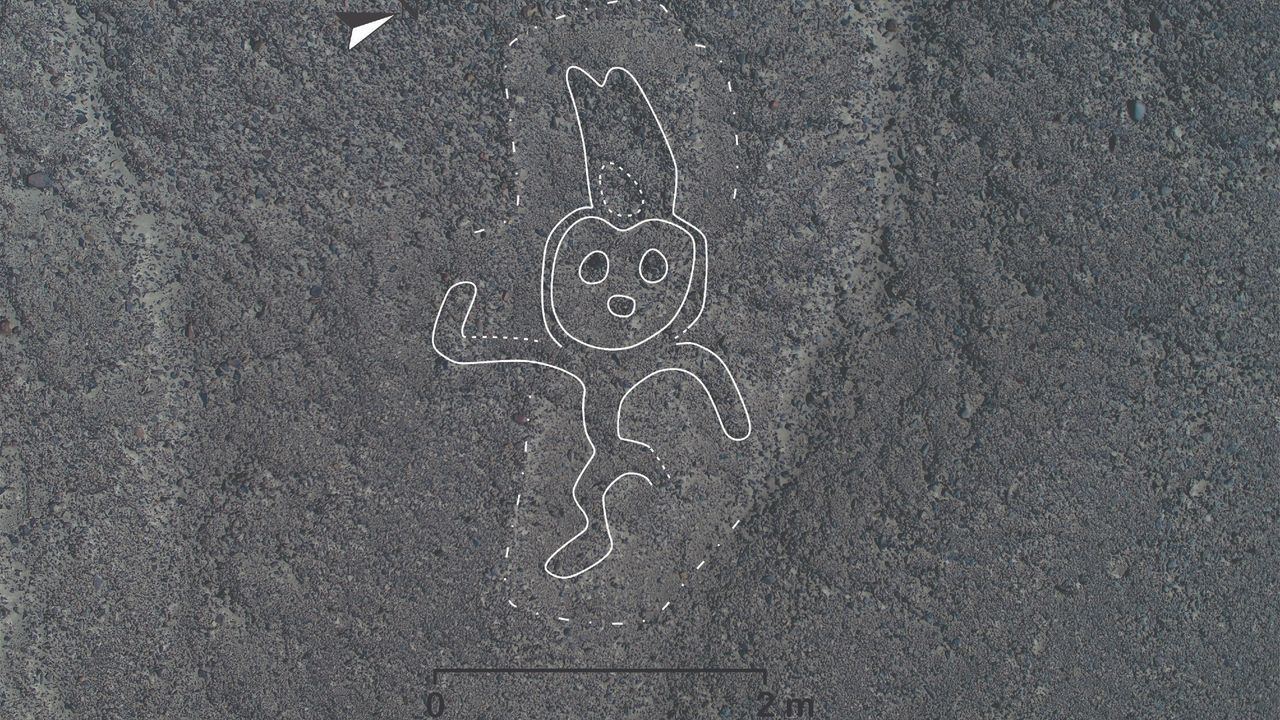 A processed image of a geoglyph which shows a human figure, whose right arm is sticking out.