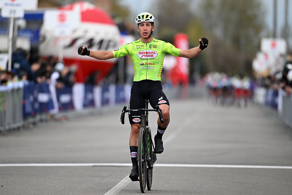 MASSALENGO, ITALY - MARCH 26: Filippo D&amp;apos;Aiuto of Italy and Team General Store - Essegibi - F.Lli Curia celebrates at finish line as stage winner during the 41st Settimana Internazionale Coppi e Bartali 2026, Stage 2 a 158km stage from Lodi to Massalengo on March 26, 2026 in Massalengo, Italy. (Photo by Dario Belingheri/Getty Images)