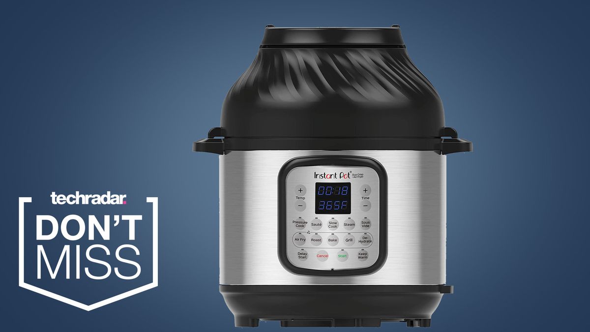 The Instant Pot Duo Crisp and Air Fry, which is on a blue background, has currently been discounted