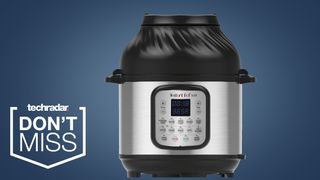 The Instant Pot Duo Crisp and Air Fry, which is on a blue background, has currently been discounted