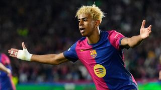 Lamine Yamal celebrates after scoring for Barcelona against Inter in the teams' Champions League semi-final first leg at Montjuic in April 2025.