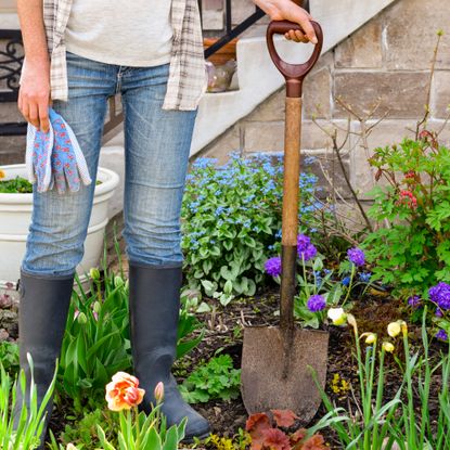 woman holding shovel in spring garden