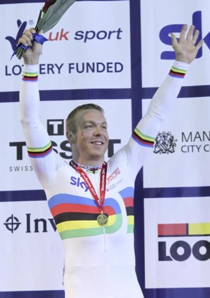 Chris Hoy (Team Sky) on the top spot on the podium for the men's keirin.