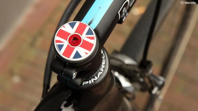 The Union Jack-themed headset cap from UK company Kapz features a red anodized aluminum bolt