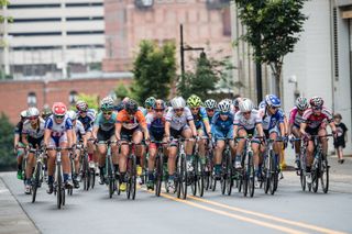 The women's field rides together at the Winston-Salem Classic criterium before more attacks.