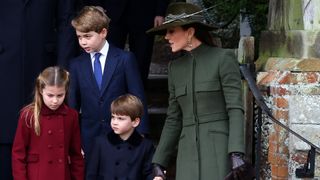 Princess Charlotte of Wales, Prince George of Wales, Prince Louis of Wales and Catherine, Princess of Wales, after the Christmas Day service at Sandringham Church on December 25, 2022 in Sandringham, Norfolk