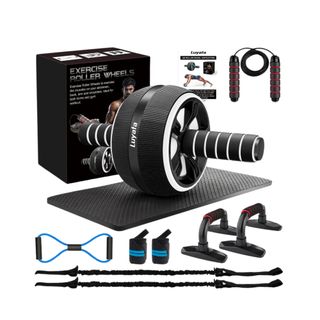 A Luyata Exercise Roller Wheels kit with a wheel, black gym mat, and other accessories