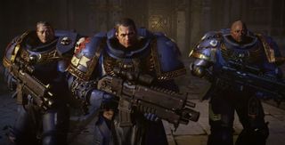 Three sci-fi soldiers in bulky power armor holding monster guns