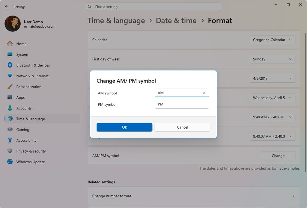 Windows 11 Settings date and time format options