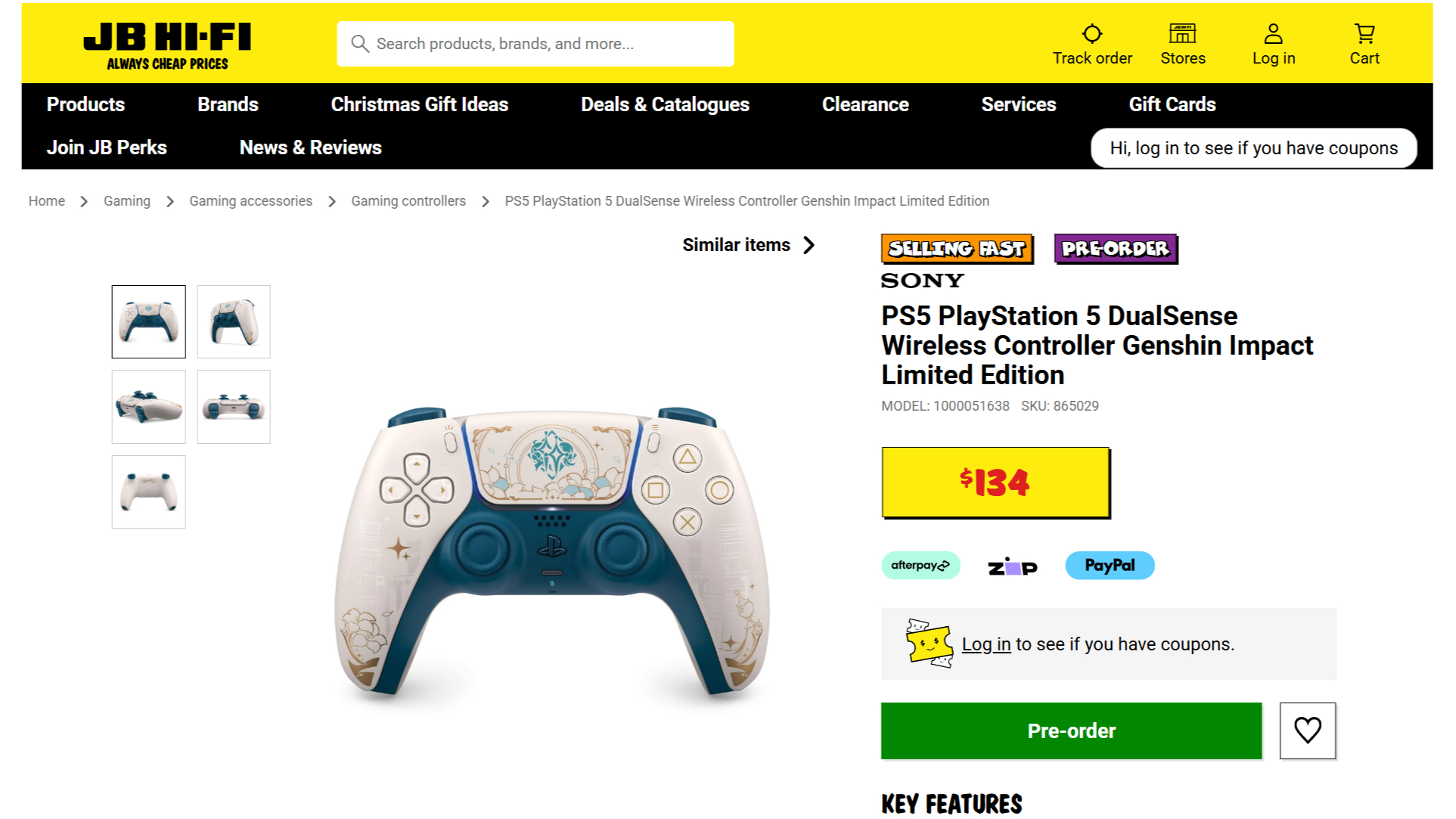 The pre-order page at JB Hi-Fi for the Genshin Impact DualSense