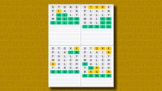 Quordle Daily Sequence answers for game 1088 on a yellow background