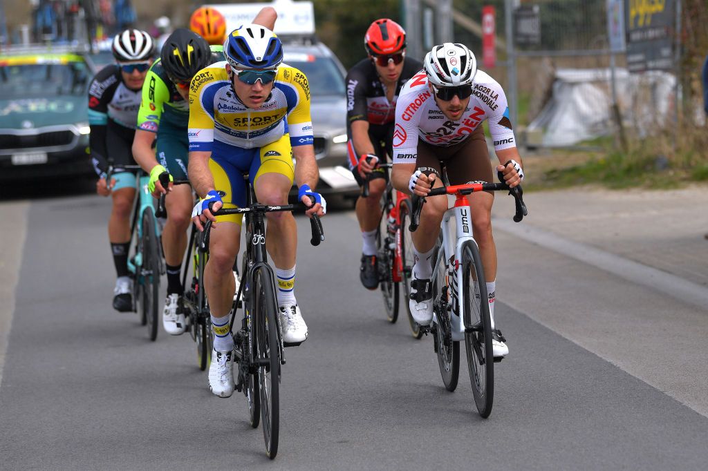 DE PANNE BELGIUM MARCH 24 Ruben Apers of Belgium and Team Sport Vlaanderen Baloise Alexis Gougeard of France and AG2R Citren Team during the 45th Oxyclean Brugge De Panne 2021 Men Classic a 2039km race from Brugge to De Panne Breakaway OxycleanClassic on March 24 2021 in De Panne Belgium Photo by Luc ClaessenGetty Images