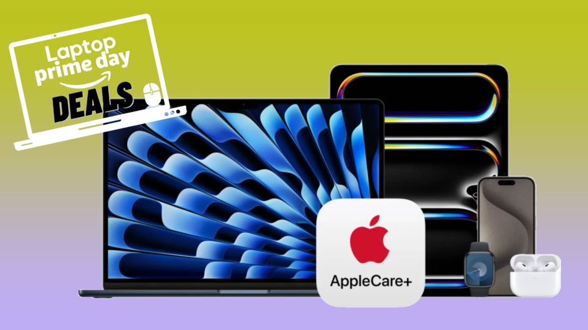 October Prime Day deals on Apple products — Apple ecosystem devices against green and blue gradient background