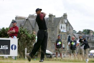Tiger Woods hitting a drive from the tee during his final round at the 2005 Open Championship