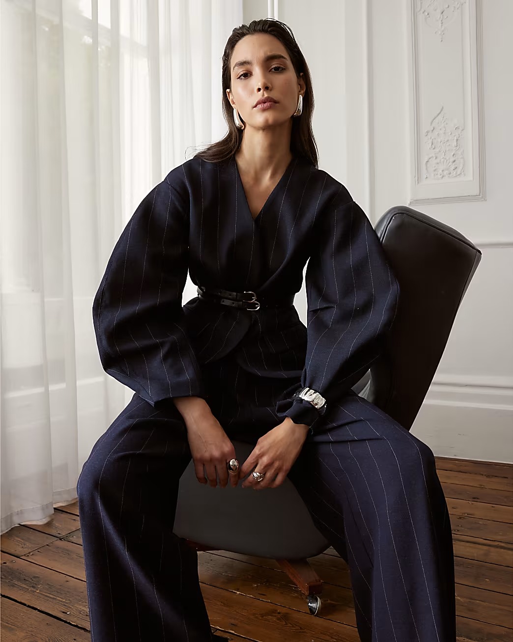 Navy Pinstripe Cocoon Sleeve Blazer