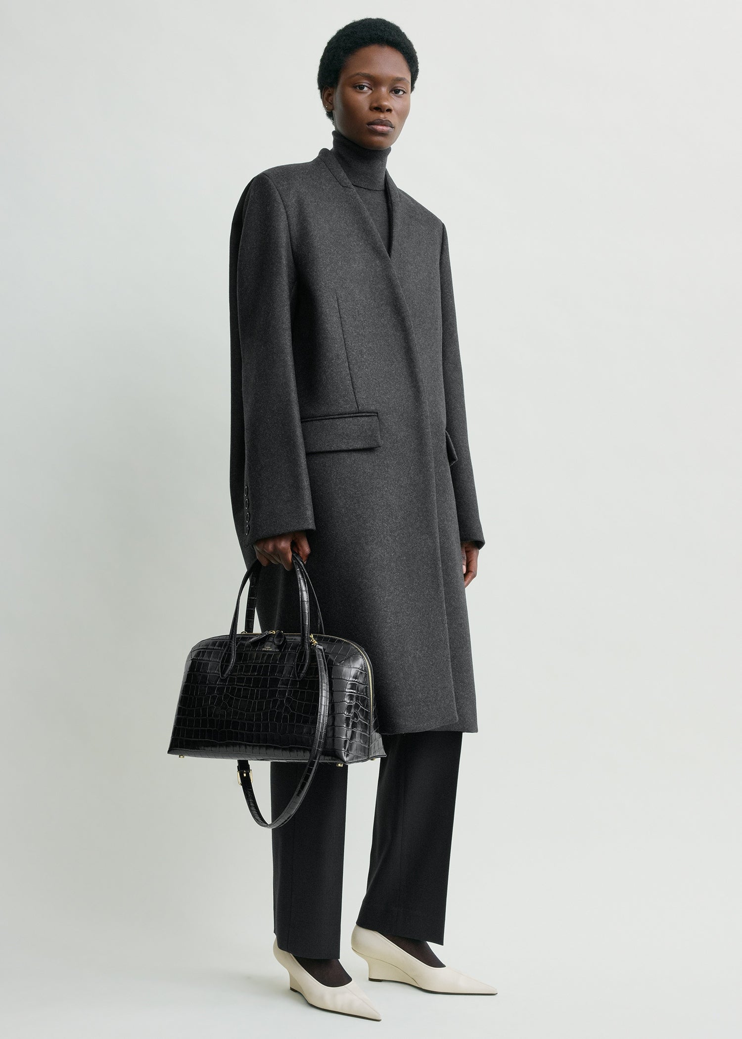 Deep Pleat Coat Charcoal Melange