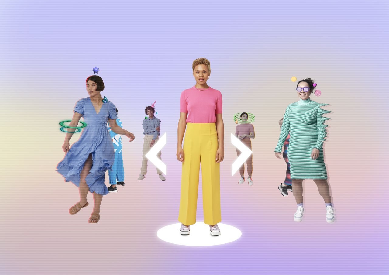 A simulation style image with several women in different outfits with arrows side by side for selection. 