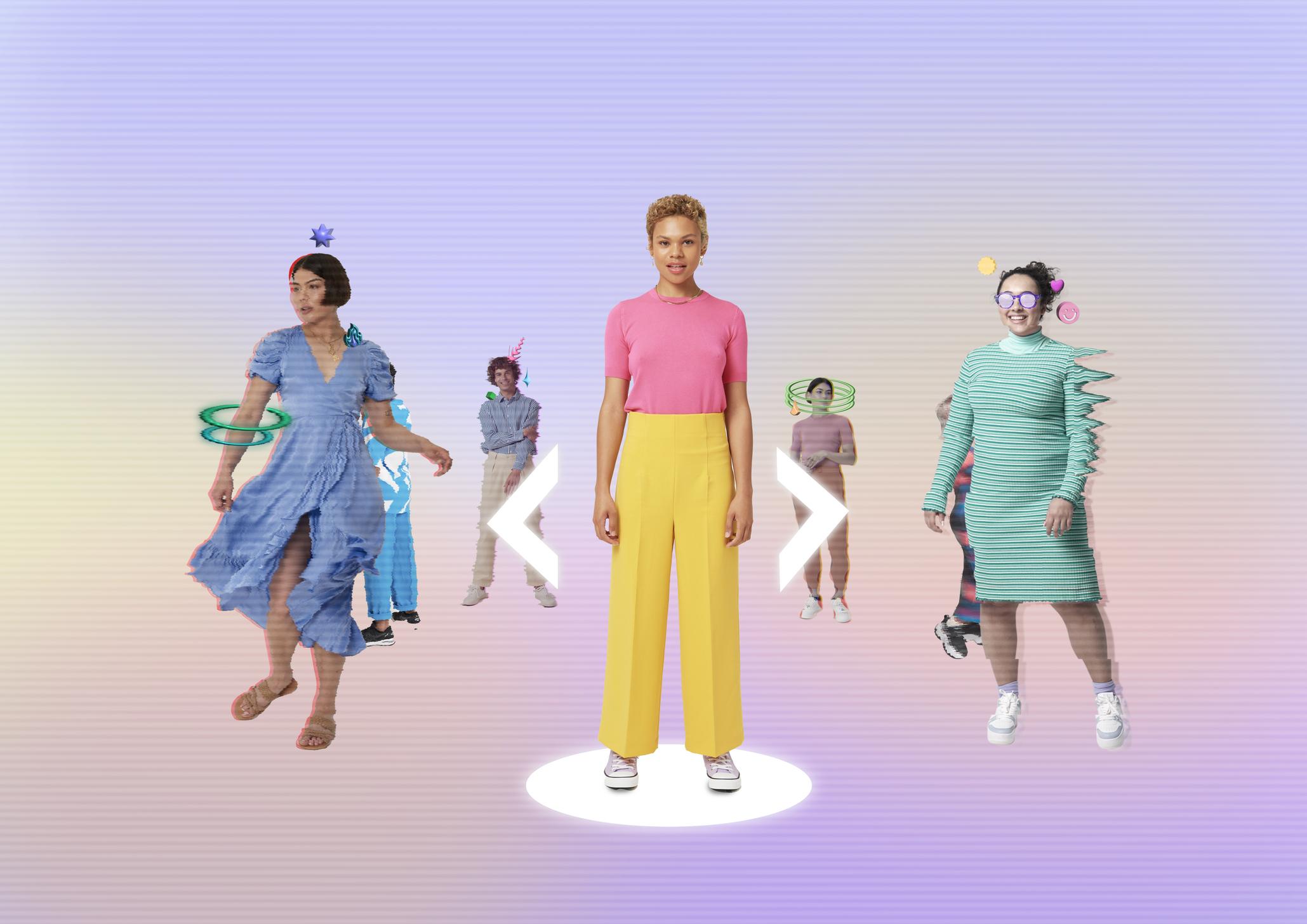  A simulation style image with several women in different outfits with arrows side by side for selection.  
