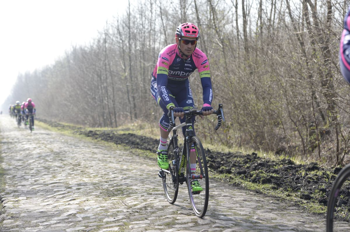 Filippo Pozzato (Lampre - Merida) during a recon of the pave