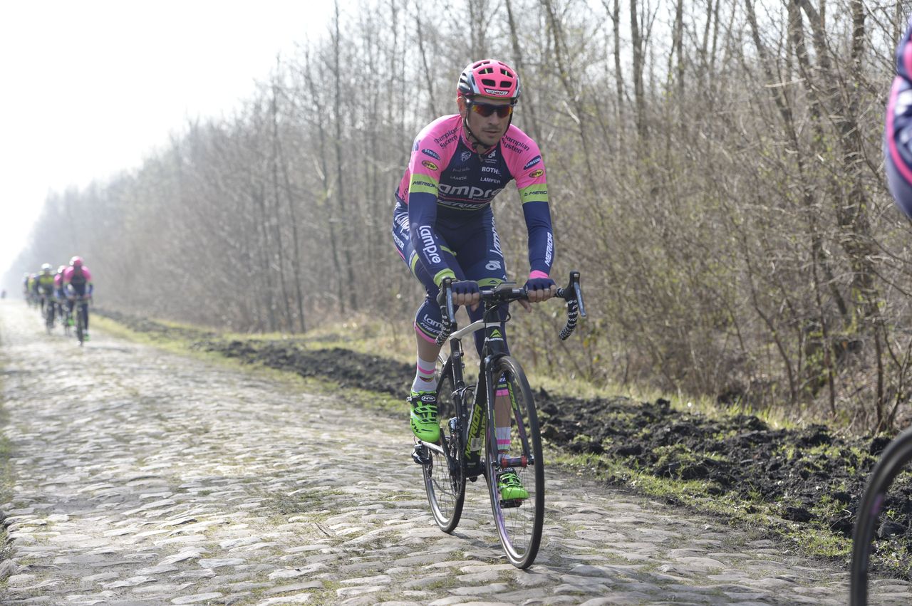 Filippo Pozzato (Lampre - Merida) during a recon of the pave