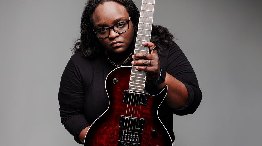 Diamond Rowe, co-founder and lead guitarist for Tetrarch, poses with her Jackson Pro Series Signature Diamond Rowe Monarkh DR12MG