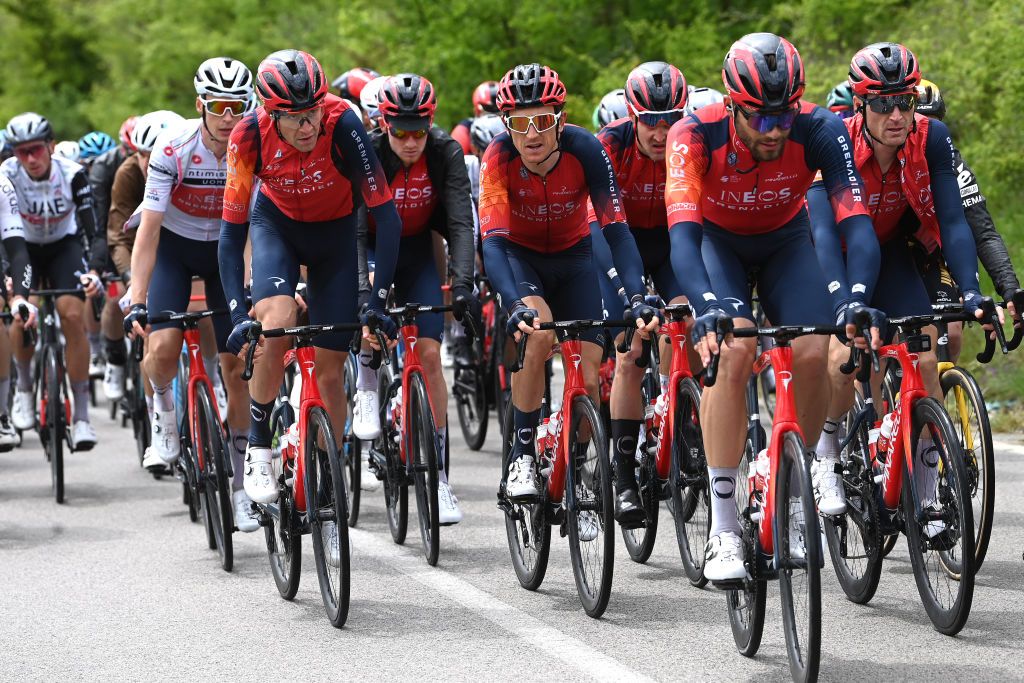 GRAN SASSO DITALIA CAMPO IMPERATORE ITALY MAY 12 LR Laurens De Plus of Belgium and 11compete during the 106th Giro dItalia 2023 Stage 7 a 218km stage from Capua to Gran Sasso dItalia Campo Imperatore 2123m UCIWT on May 12 2023 in Gran Sasso dItalia Campo Imperatore Italy Photo by Tim de WaeleGetty Images