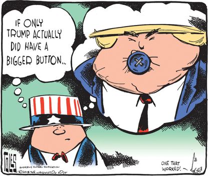 Political cartoon U.S. Trump North Korea nuclear weapons bigger button