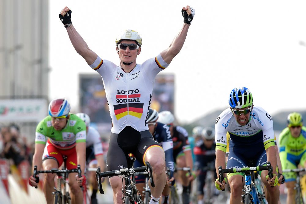 Andre Greipel celebrates his win during stage 2 of Paris-Nice.